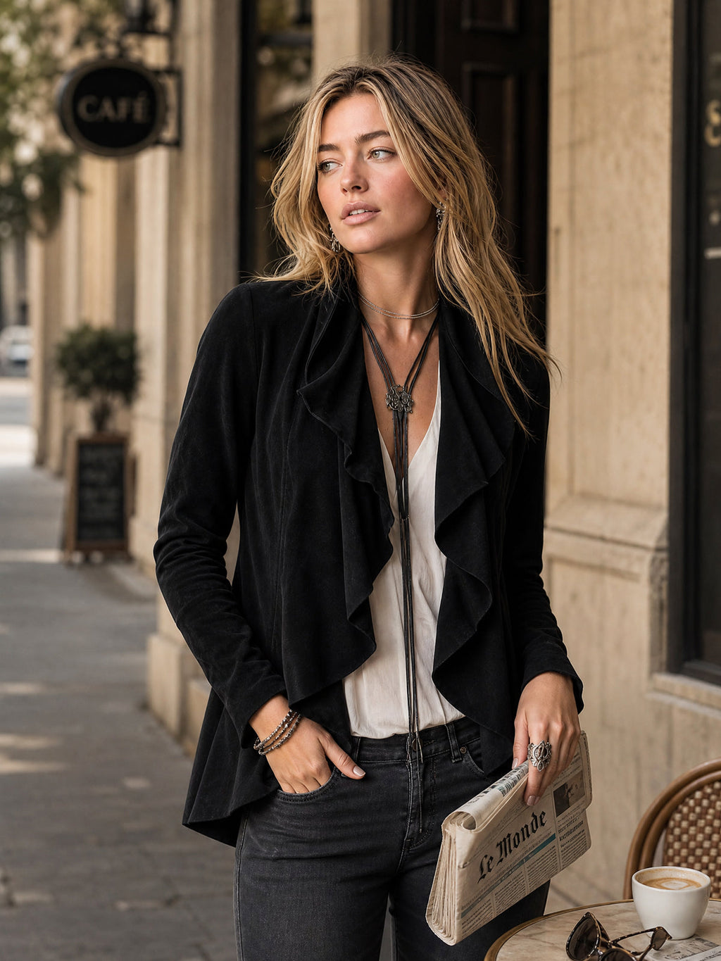 Chic Elegant Black Velvet Draped-Collar Ruched Detail Long-Sleeve Slim-Fit Cardigan