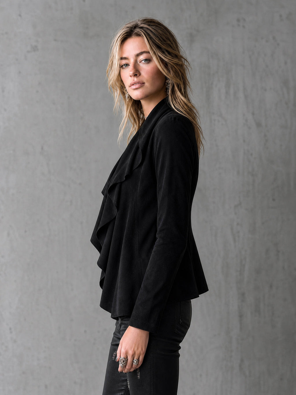 Chic Elegant Black Velvet Draped-Collar Ruched Detail Long-Sleeve Slim-Fit Cardigan