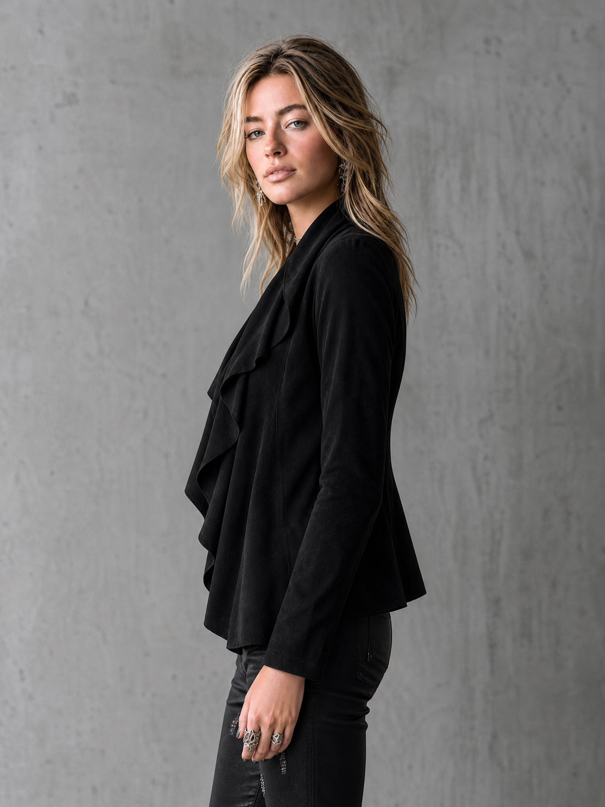 Chic Elegant Black Velvet Draped-Collar Ruched Detail Long-Sleeve Slim-Fit Cardigan