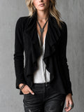 Chic Elegant Black Velvet Draped-Collar Ruched Detail Long-Sleeve Slim-Fit Cardigan