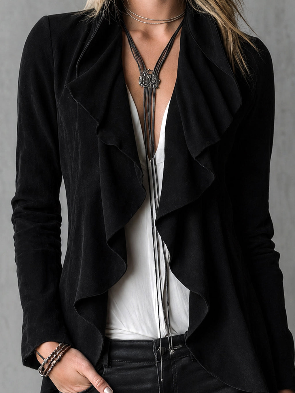 Chic Elegant Black Velvet Draped-Collar Ruched Detail Long-Sleeve Slim-Fit Cardigan