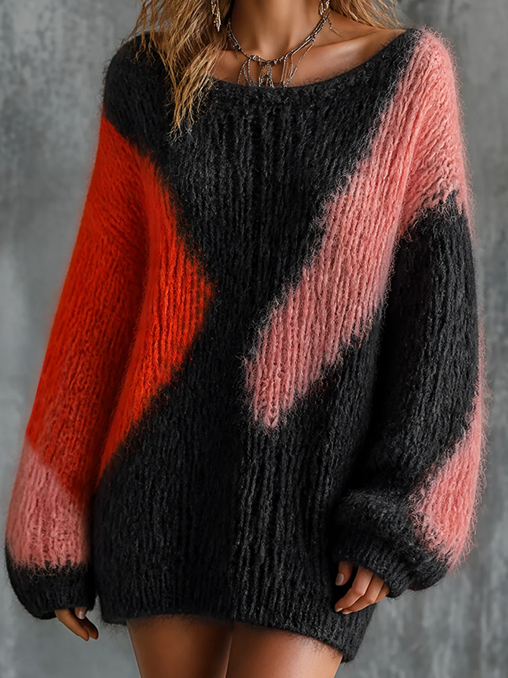 Chic Elegant Black-Pink Colorblock Round-Neck Dropped-Shoulder Long-Sleeve Loose-Fit Fuzzy Mohair Knit Mini Dress