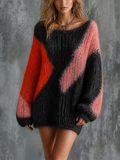 Chic Elegant Black-Pink Colorblock Round-Neck Dropped-Shoulder Long-Sleeve Loose-Fit Fuzzy Mohair Knit Mini Dress