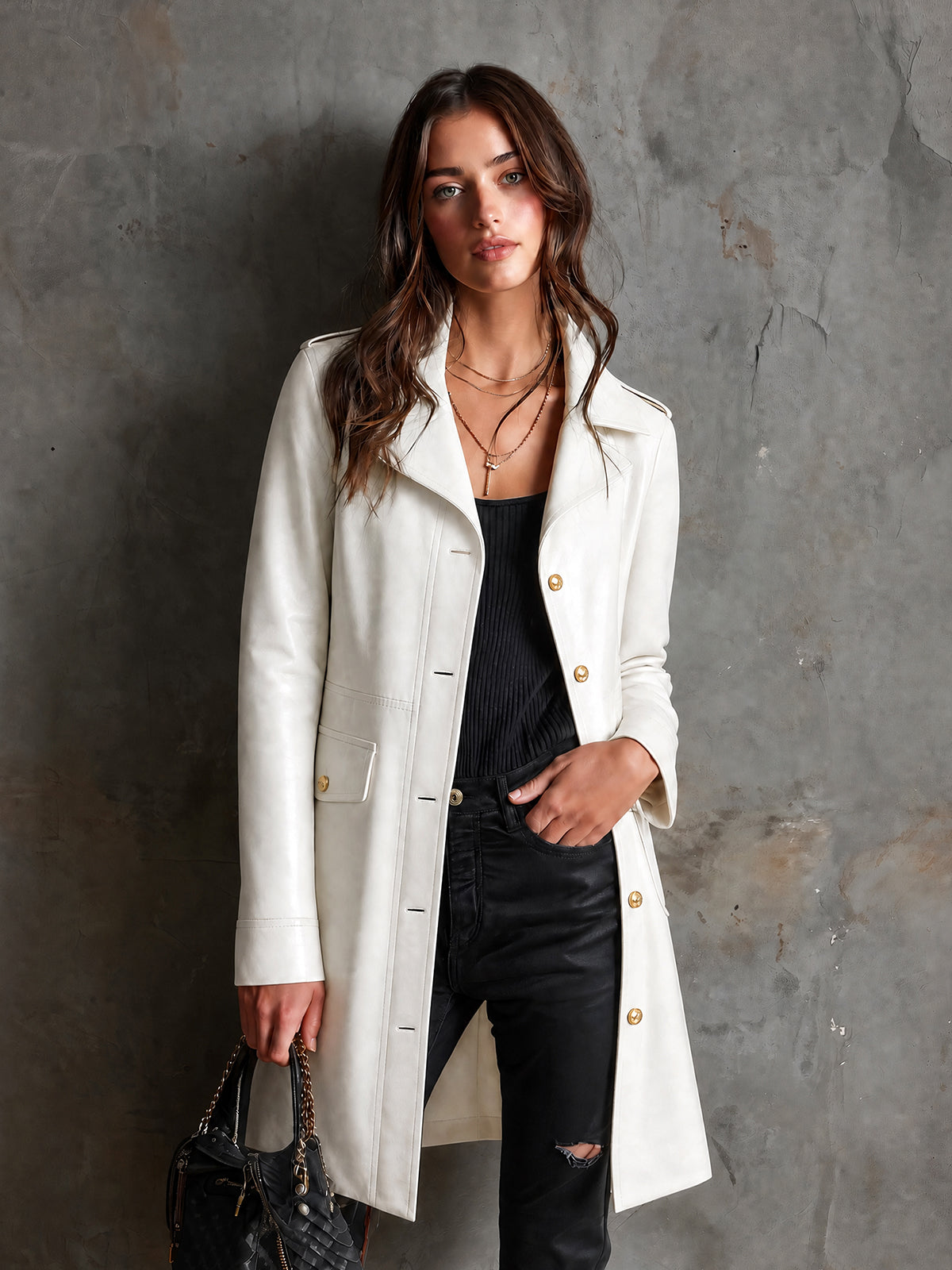Chic Elegant White Faux Leather Notched Lapel Long-Sleeve Single-Breasted Epaulette Detail Slim-Fit Coat