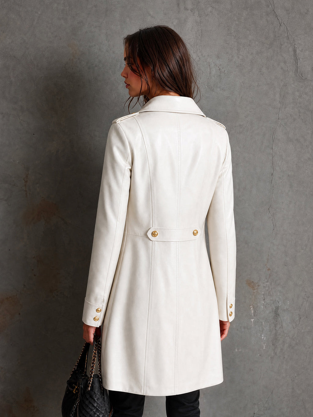 Chic Elegant White Faux Leather Notched Lapel Long-Sleeve Single-Breasted Epaulette Detail Slim-Fit Coat