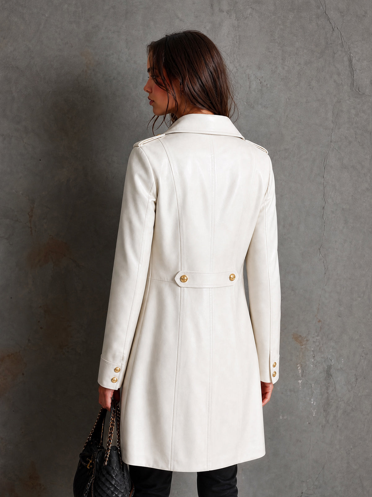 Chic Elegant White Faux Leather Notched Lapel Long-Sleeve Single-Breasted Epaulette Detail Slim-Fit Coat