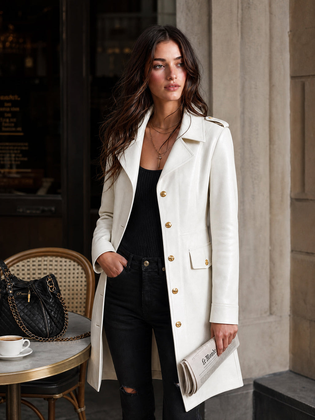 Chic Elegant White Faux Leather Notched Lapel Long-Sleeve Single-Breasted Epaulette Detail Slim-Fit Coat