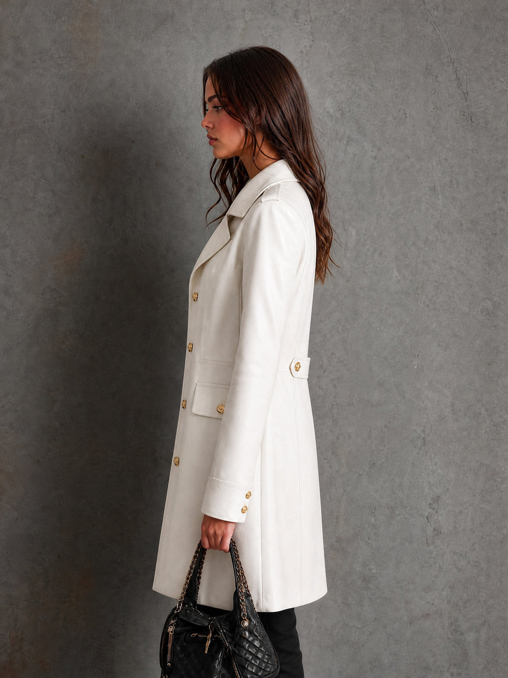Chic Elegant White Faux Leather Notched Lapel Long-Sleeve Single-Breasted Epaulette Detail Slim-Fit Coat