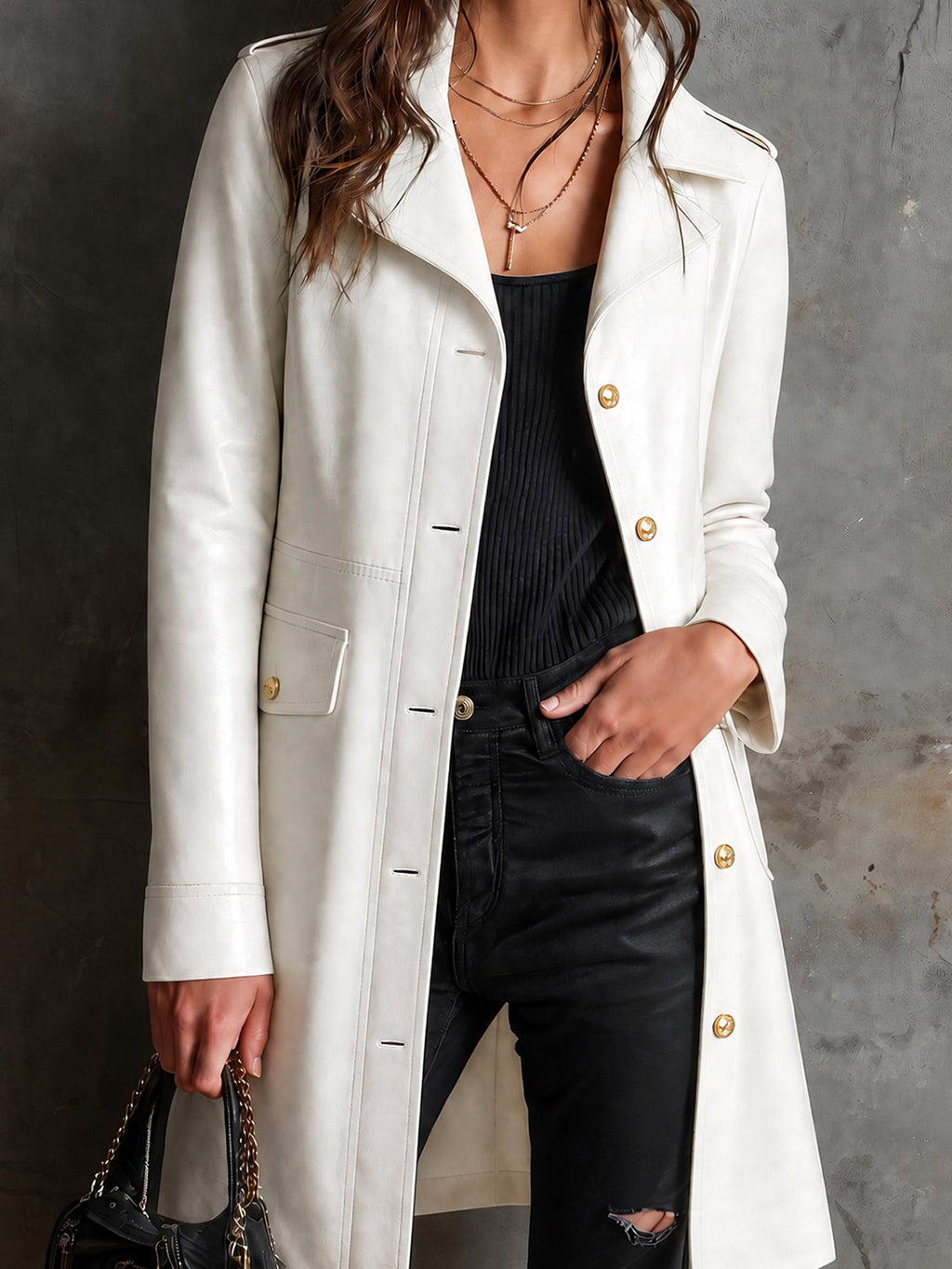 Chic Elegant White Faux Leather Notched Lapel Long-Sleeve Single-Breasted Epaulette Detail Slim-Fit Coat