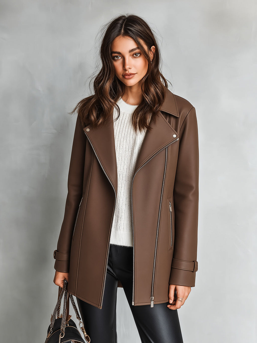 Chic Elegant Coffee Faux Leather Notched Lapel Long-Sleeve Zipper-Placket Slim-Fit Short Coat