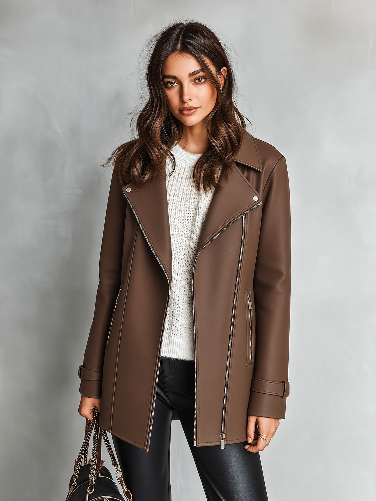 Chic Elegant Coffee Faux Leather Notched Lapel Long-Sleeve Zipper-Placket Slim-Fit Short Coat