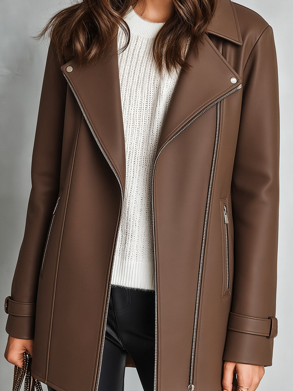 Chic Elegant Coffee Faux Leather Notched Lapel Long-Sleeve Zipper-Placket Slim-Fit Short Coat