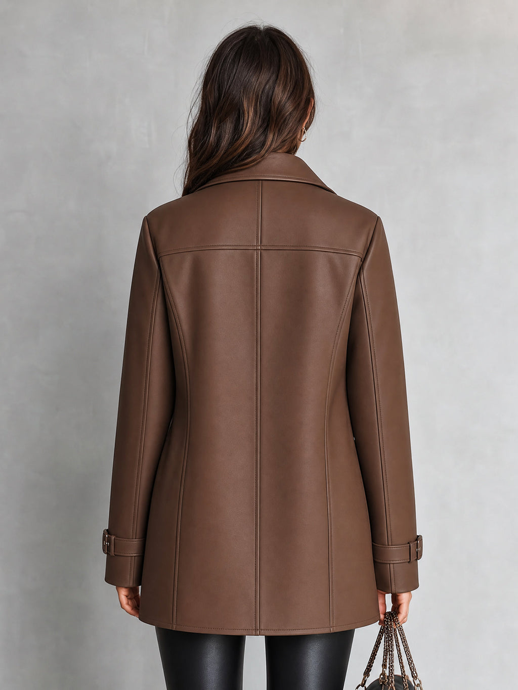 Chic Elegant Coffee Faux Leather Notched Lapel Long-Sleeve Zipper-Placket Slim-Fit Short Coat