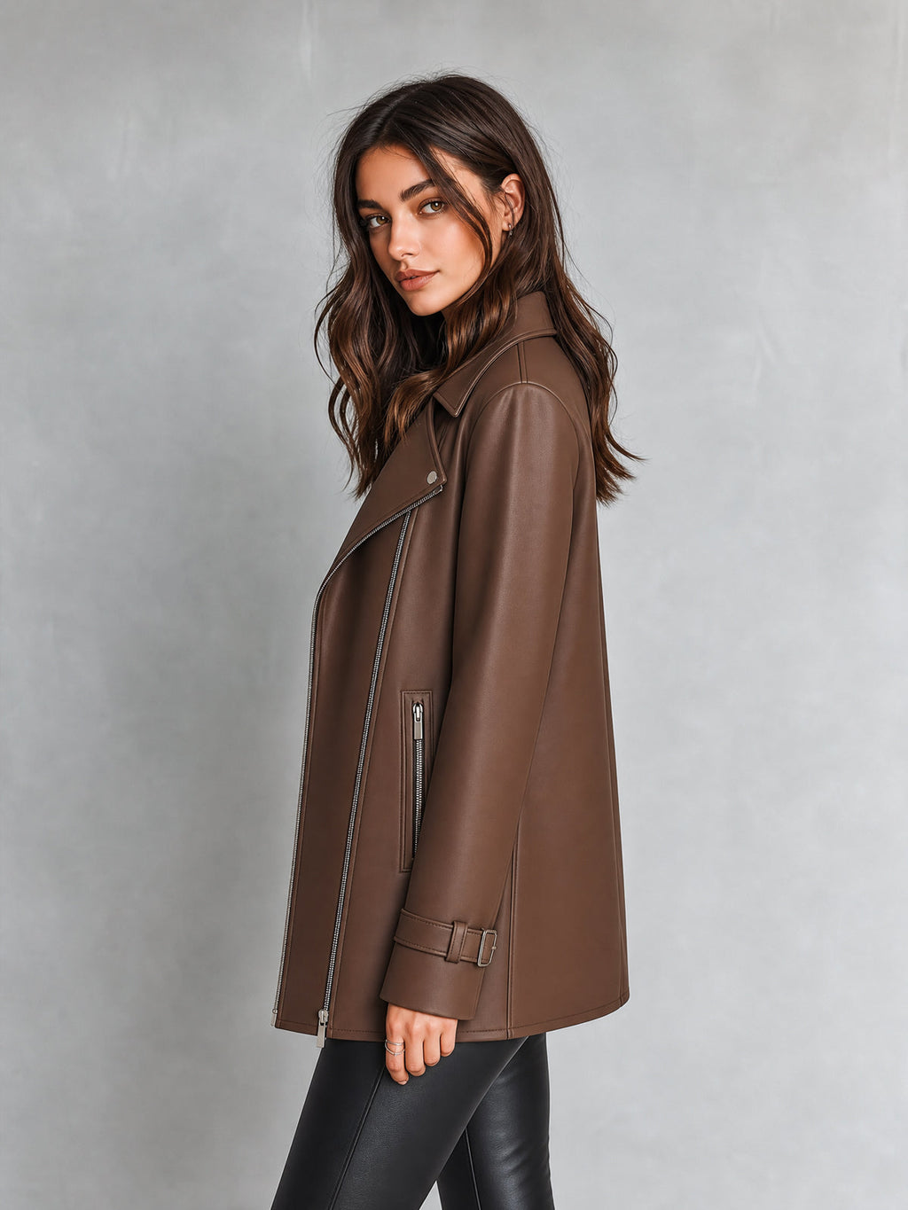 Chic Elegant Coffee Faux Leather Notched Lapel Long-Sleeve Zipper-Placket Slim-Fit Short Coat