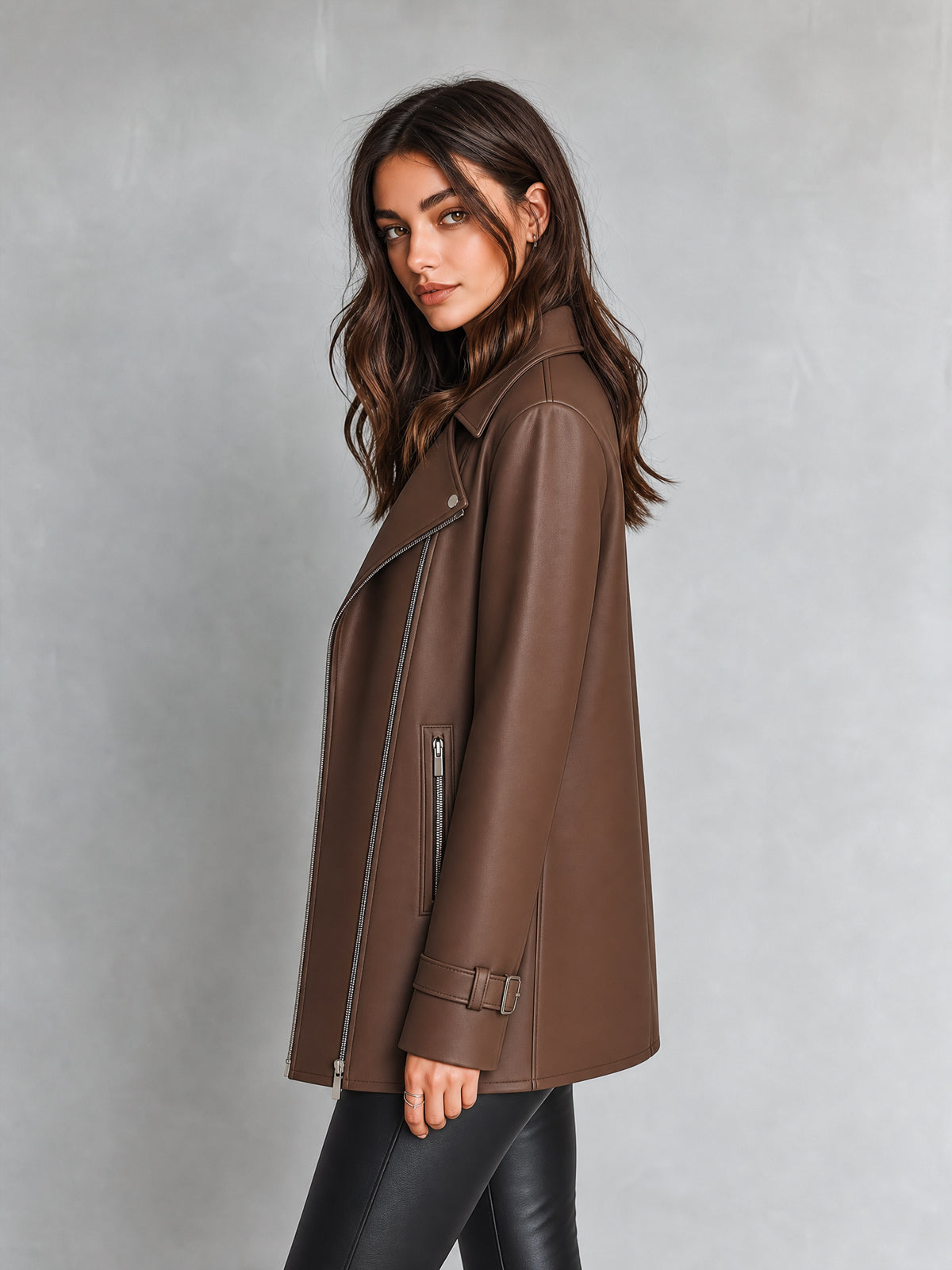 Chic Elegant Coffee Faux Leather Notched Lapel Long-Sleeve Zipper-Placket Slim-Fit Short Coat