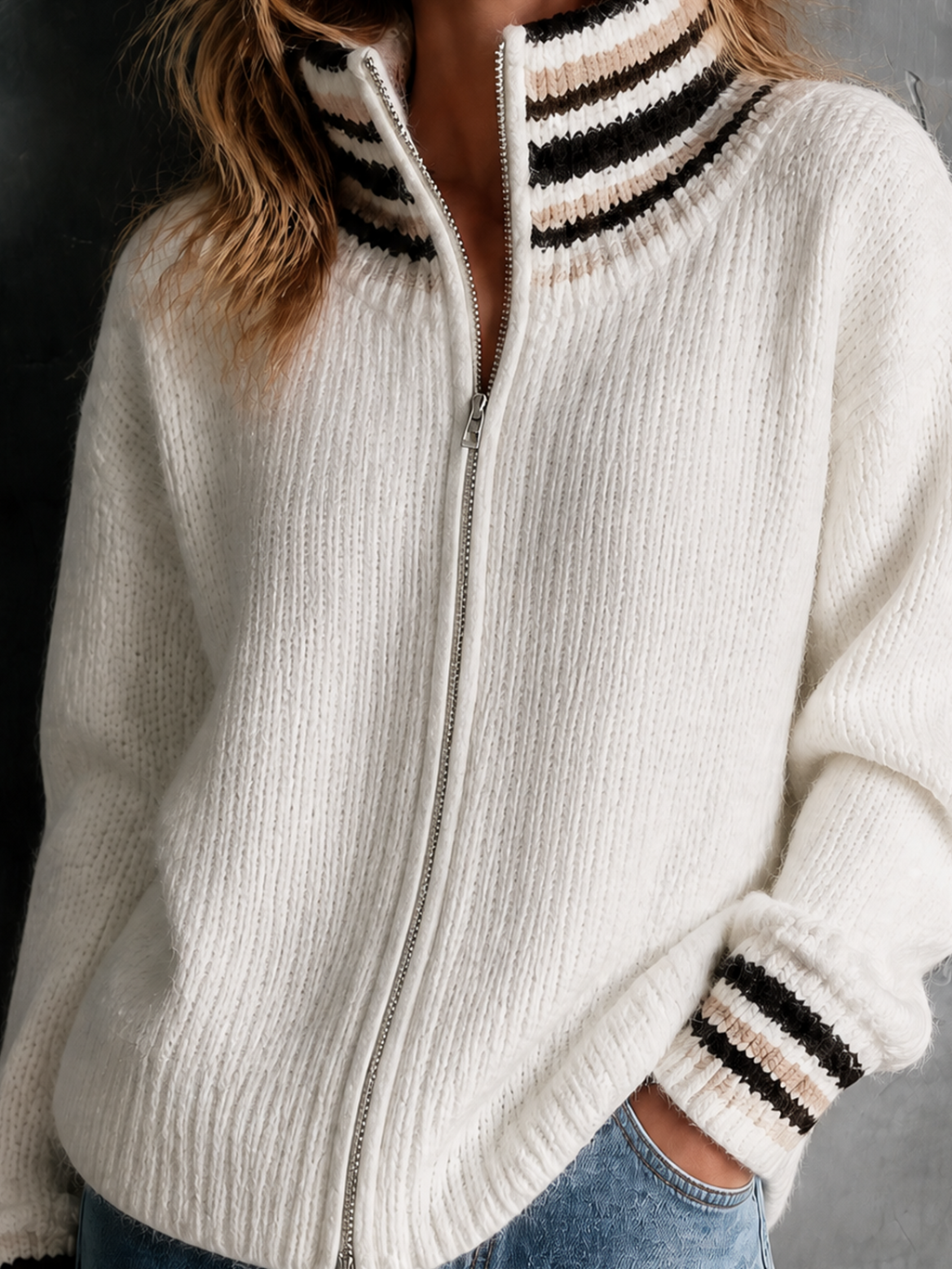 Chic Elegant White Stand Collar Zip‑Up Front Contrast Trim Dropped-Shoulder Long-Sleeve Loose-Fit Fuzzy Knit Cardigan Top