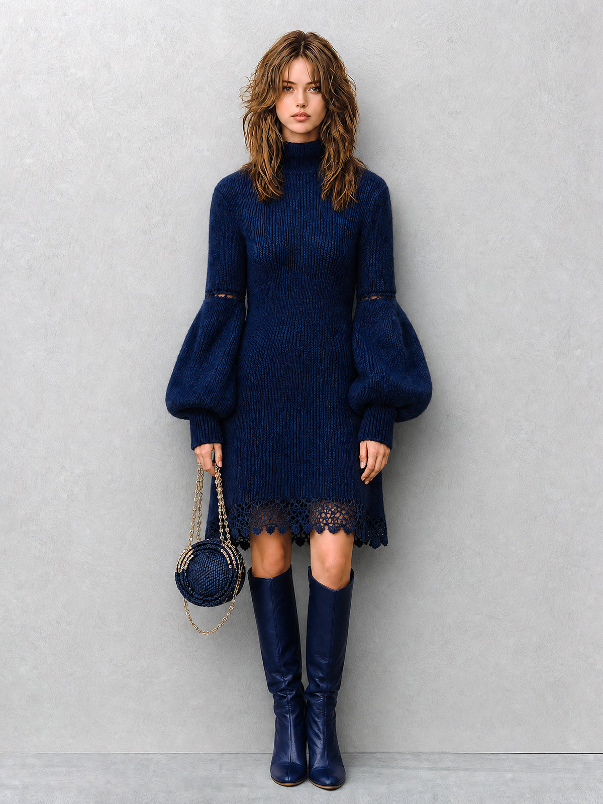 Chic Elegant Royal Blue Turtleneck Long-Lantern-Sleeve Lace Trim Detail Slim-Fit A-Line Wool Blend Ribbed Knit Midi Dress