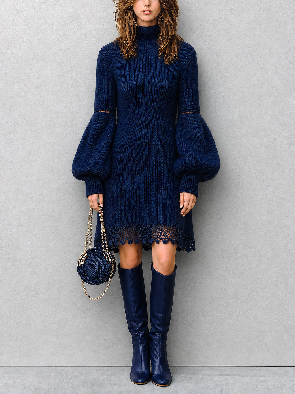 Chic Elegant Royal Blue Turtleneck Long-Lantern-Sleeve Lace Trim Detail Slim-Fit A-Line Wool Blend Ribbed Knit Midi Dress