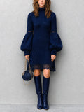Chic Elegant Royal Blue Turtleneck Long-Lantern-Sleeve Lace Trim Detail Slim-Fit A-Line Wool Blend Ribbed Knit Midi Dress