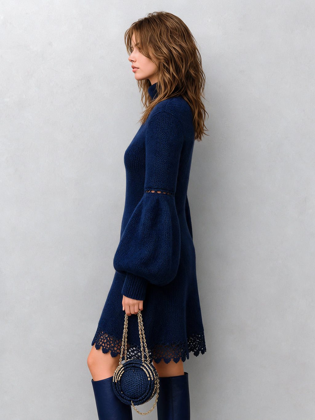 Chic Elegant Royal Blue Turtleneck Long-Lantern-Sleeve Lace Trim Detail Slim-Fit A-Line Wool Blend Ribbed Knit Midi Dress