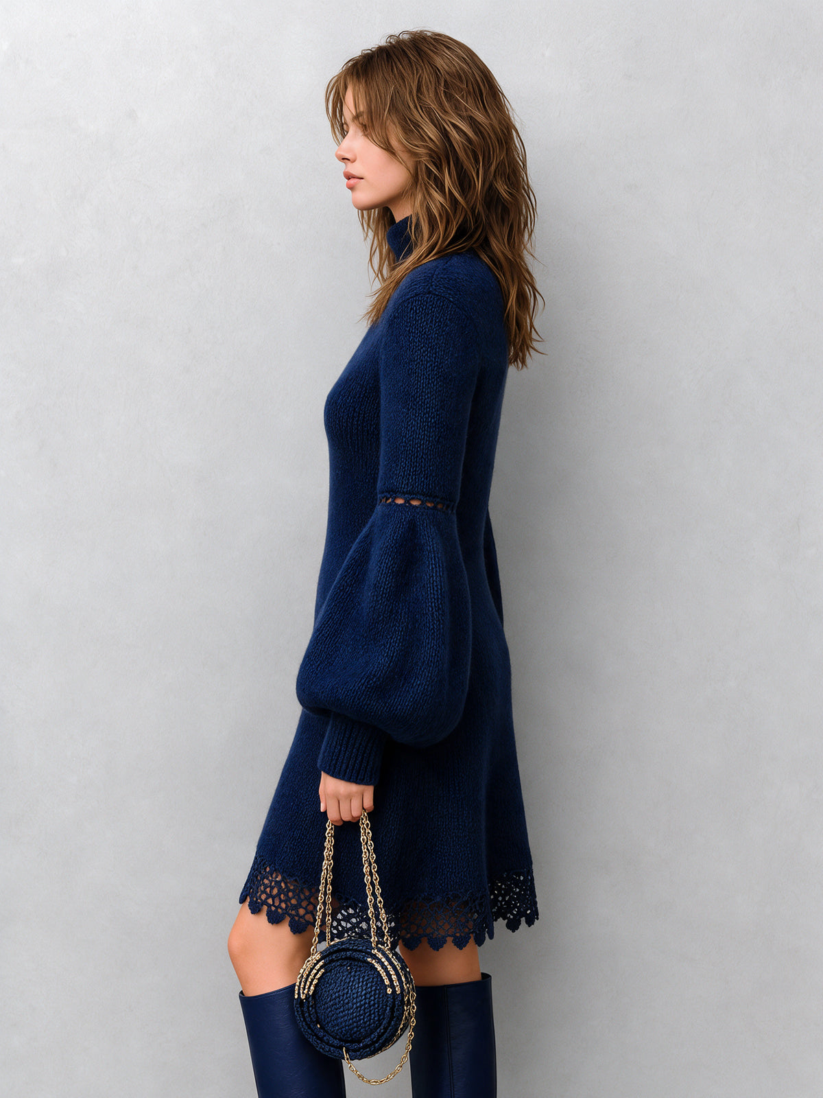 Chic Elegant Royal Blue Turtleneck Long-Lantern-Sleeve Lace Trim Detail Slim-Fit A-Line Wool Blend Ribbed Knit Midi Dress