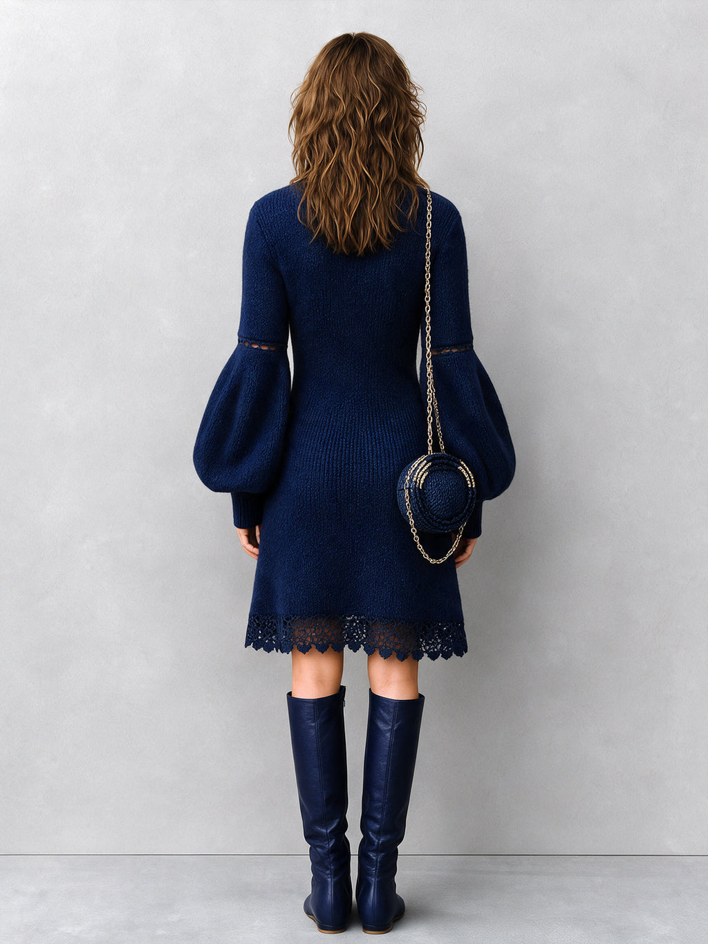 Chic Elegant Royal Blue Turtleneck Long-Lantern-Sleeve Lace Trim Detail Slim-Fit A-Line Wool Blend Ribbed Knit Midi Dress
