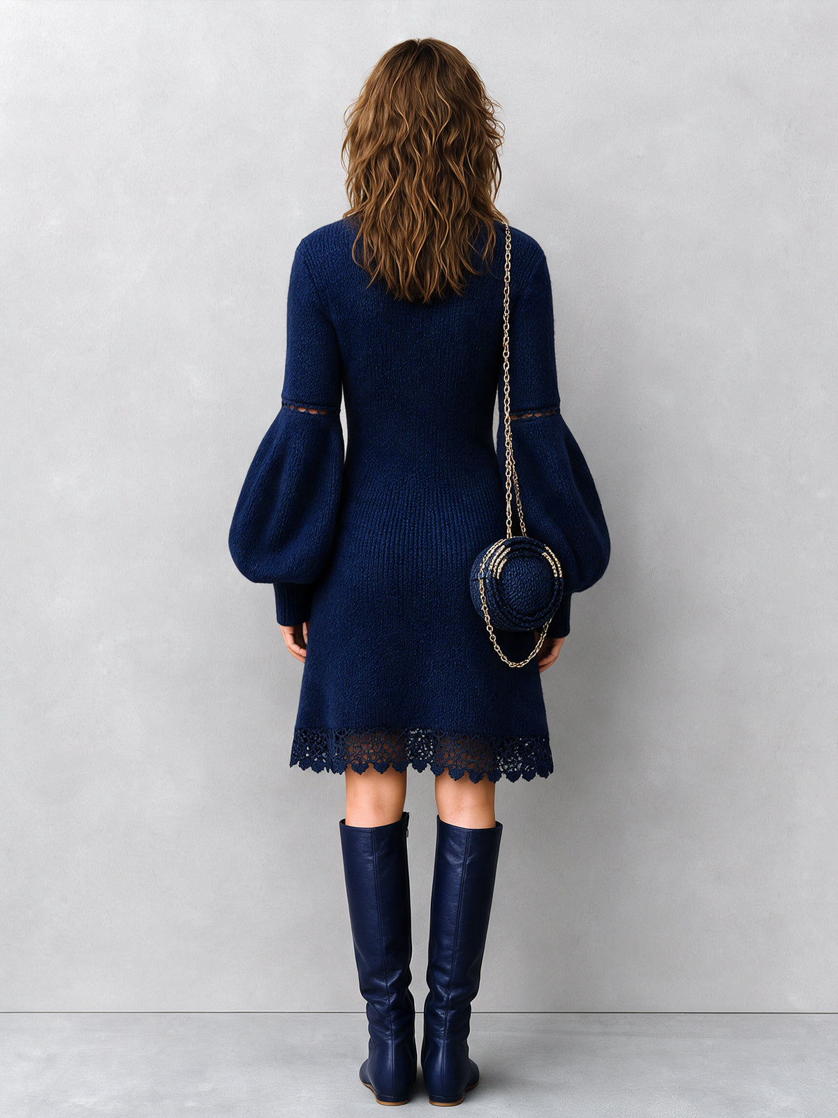 Chic Elegant Royal Blue Turtleneck Long-Lantern-Sleeve Lace Trim Detail Slim-Fit A-Line Wool Blend Ribbed Knit Midi Dress