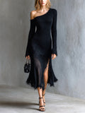 Chic Elegant Black One-Shoulder Long-Sleeve Fringe Detail Side-Slit Slim-Fit A-Line Mohair Blend Knit Midi Dress