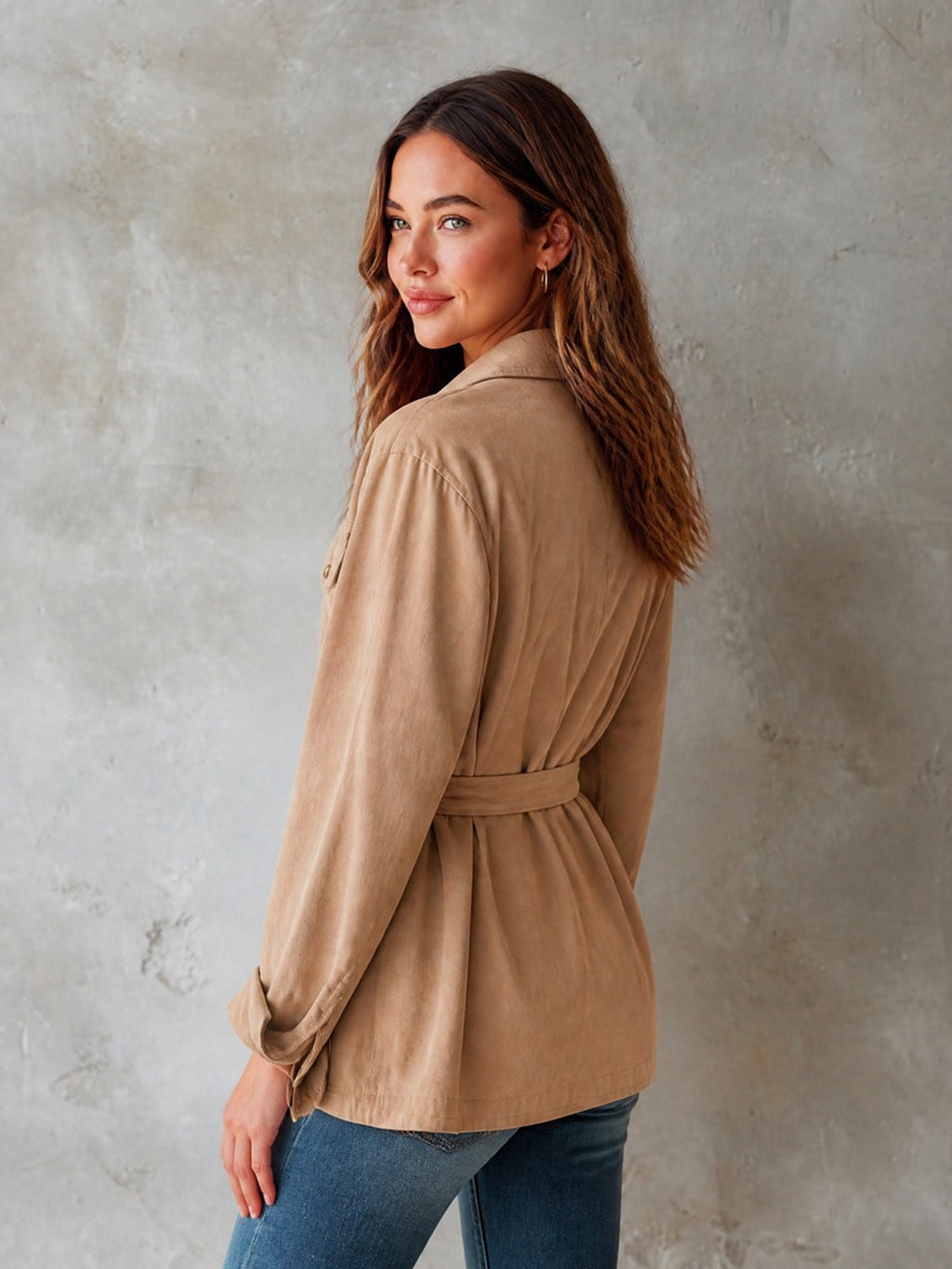 Chic Casual Camel Cotton Lapel Collar Long-Sleeve Single-Breasted Multi Pockets Belted Loose-Fit Cargo Jacket