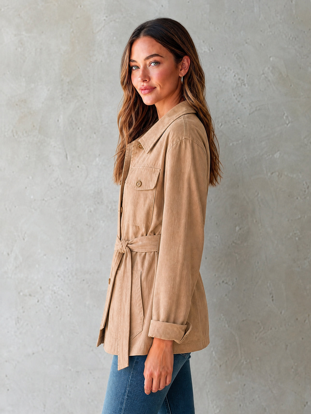 Chic Casual Camel Cotton Lapel Collar Long-Sleeve Single-Breasted Multi Pockets Belted Loose-Fit Cargo Jacket