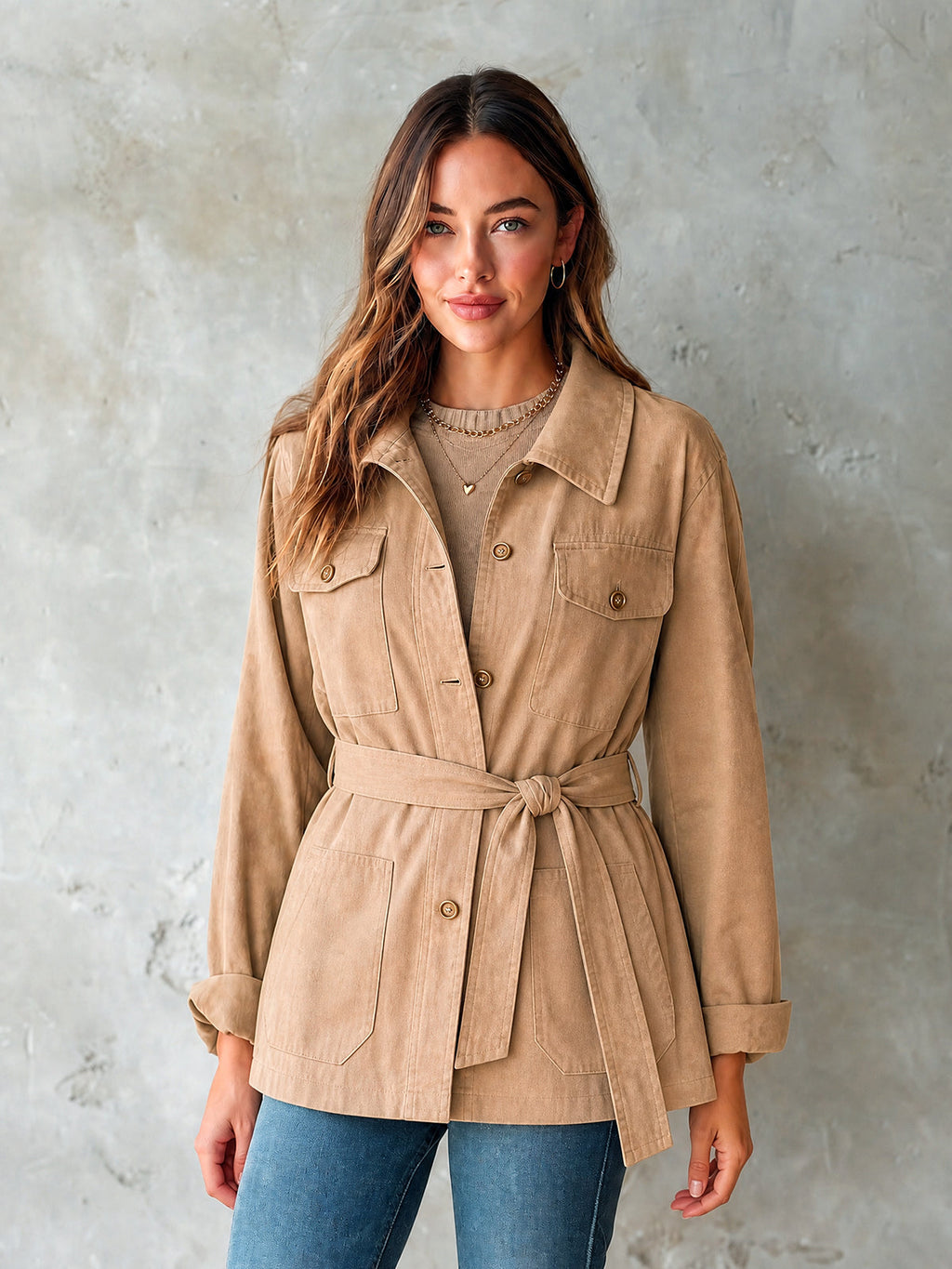 Chic Casual Camel Cotton Lapel Collar Long-Sleeve Single-Breasted Multi Pockets Belted Loose-Fit Cargo Jacket