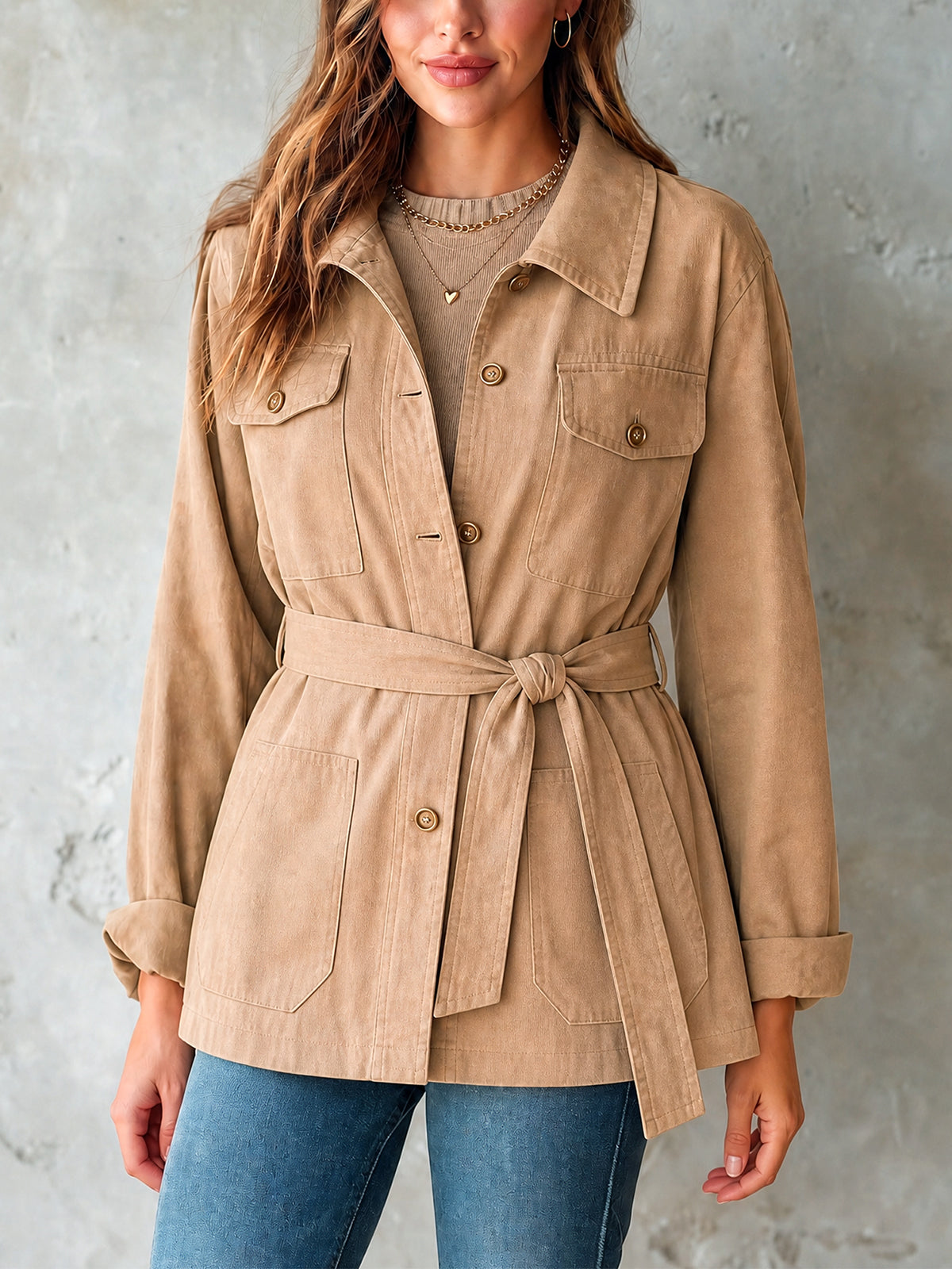 Chic Casual Camel Cotton Lapel Collar Long-Sleeve Single-Breasted Multi Pockets Belted Loose-Fit Cargo Jacket
