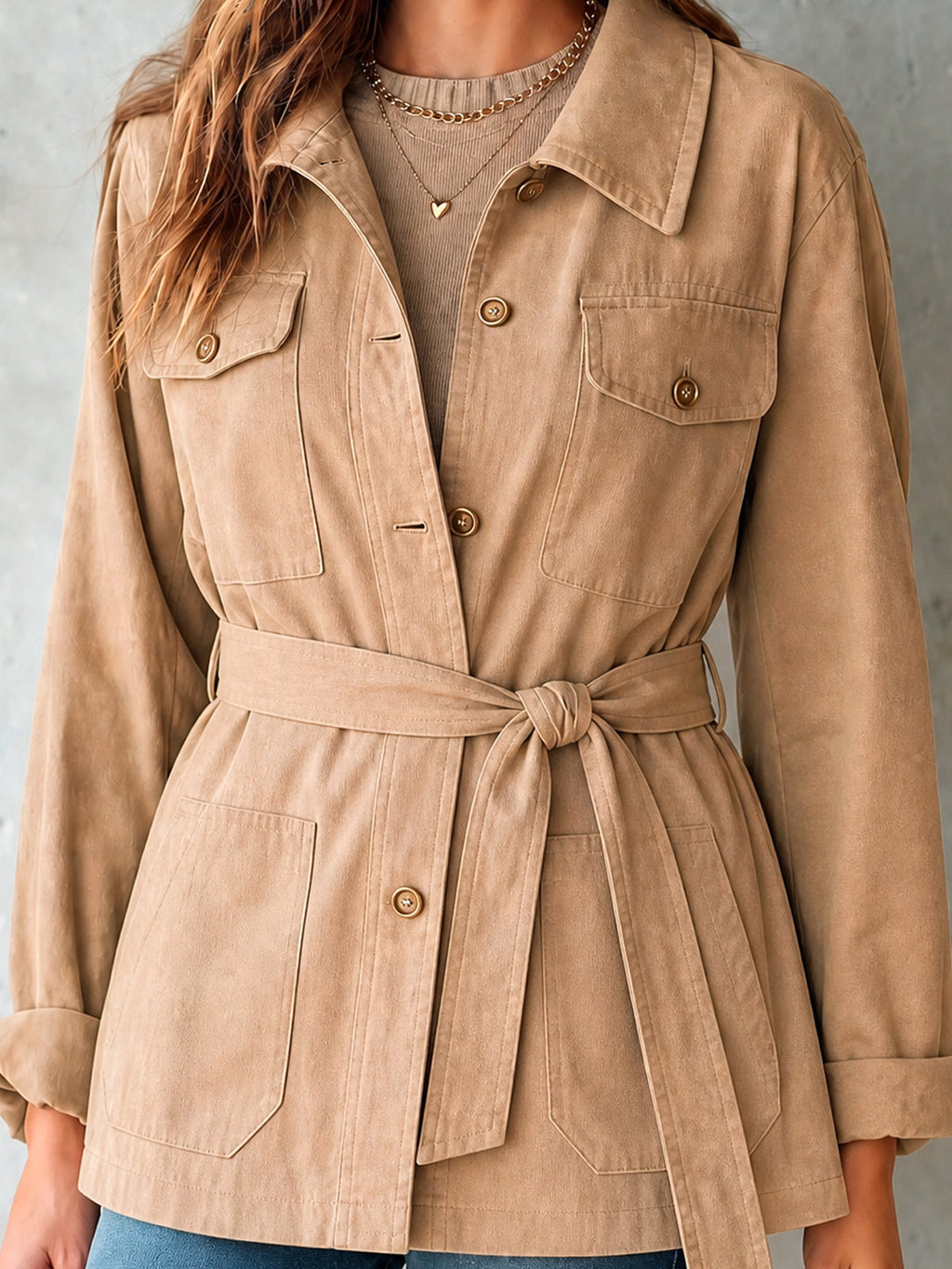 Chic Casual Camel Cotton Lapel Collar Long-Sleeve Single-Breasted Multi Pockets Belted Loose-Fit Cargo Jacket