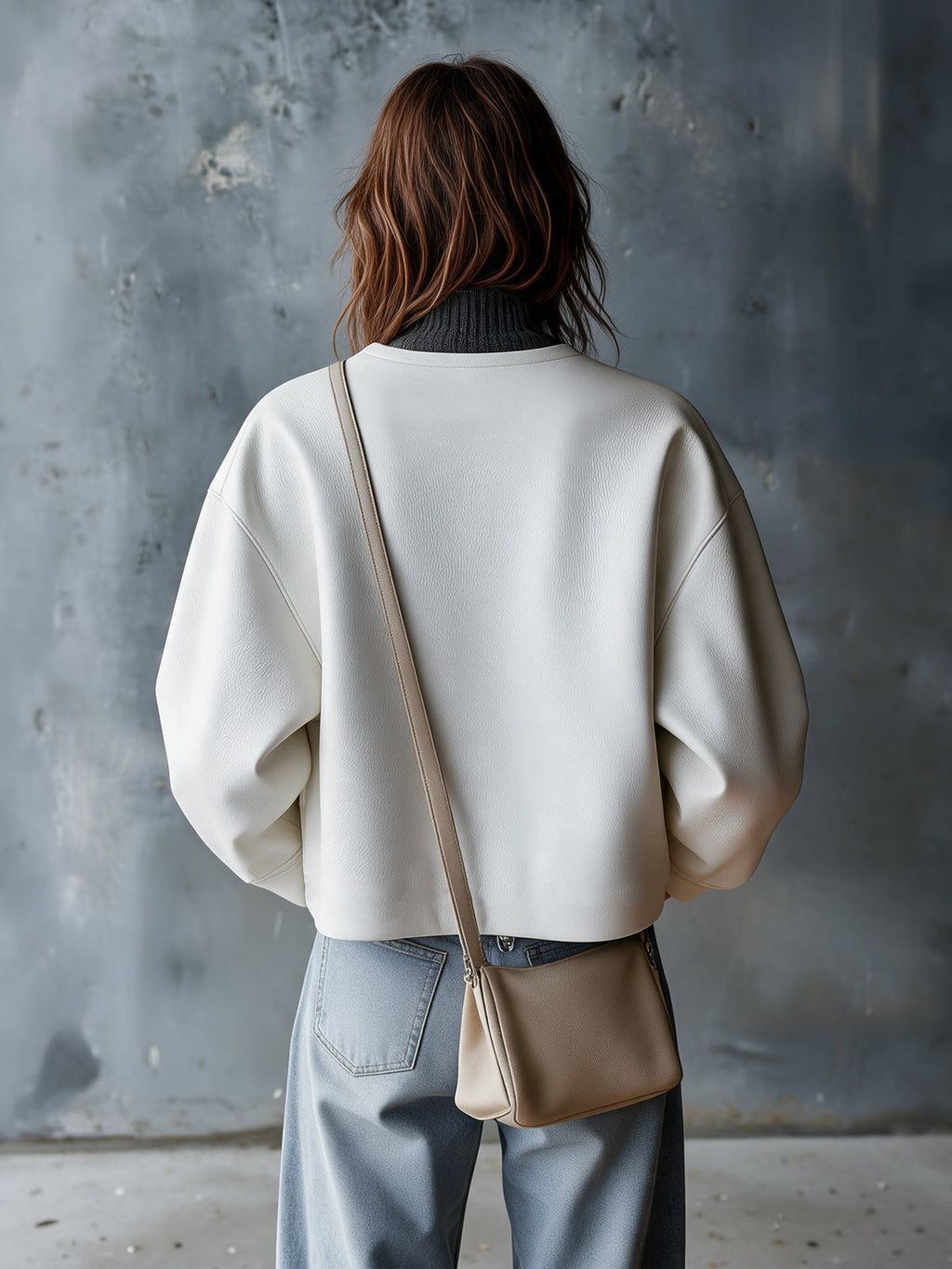 Chic Casual White Faux Litchi-Grain Leather Round-Neck Long-Sleeve Zipper-Placket Loose-Fit Bomber Jacket