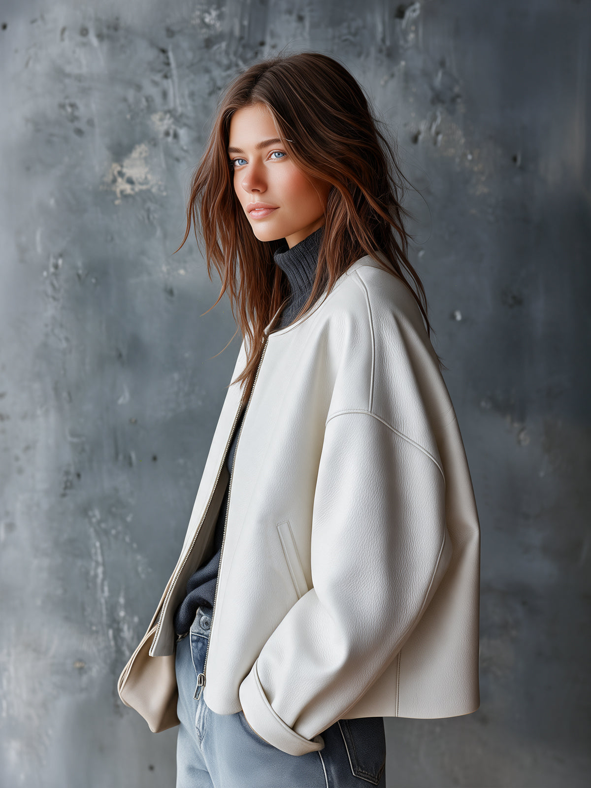 Chic Casual White Faux Litchi-Grain Leather Round-Neck Long-Sleeve Zipper-Placket Loose-Fit Bomber Jacket