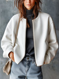 Chic Casual White Faux Litchi-Grain Leather Round-Neck Long-Sleeve Zipper-Placket Loose-Fit Bomber Jacket