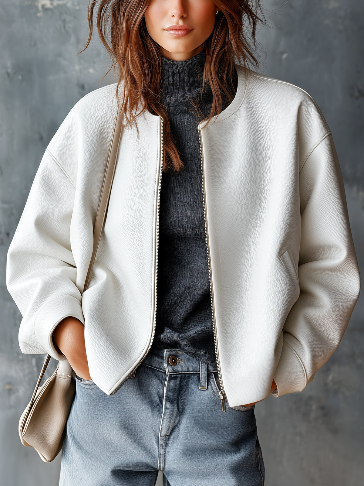 Chic Casual White Faux Litchi-Grain Leather Round-Neck Long-Sleeve Zipper-Placket Loose-Fit Bomber Jacket