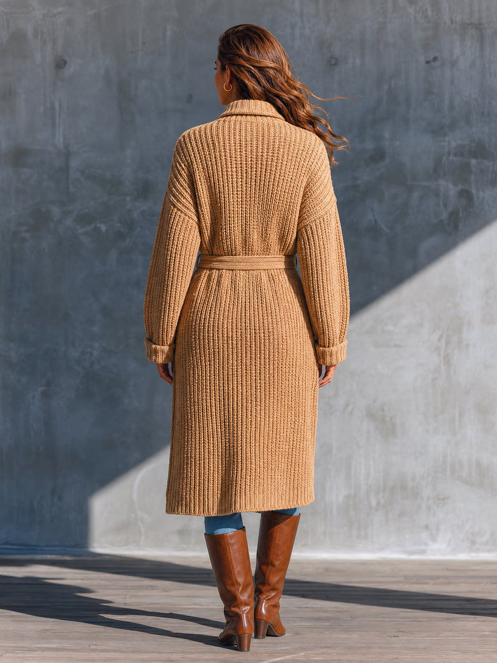 Chic Casual Camel Lapel Collar Single-Breasted Long-Sleeve Belted Loose-Fit Wool Blend Ribbed Knit Cardigan