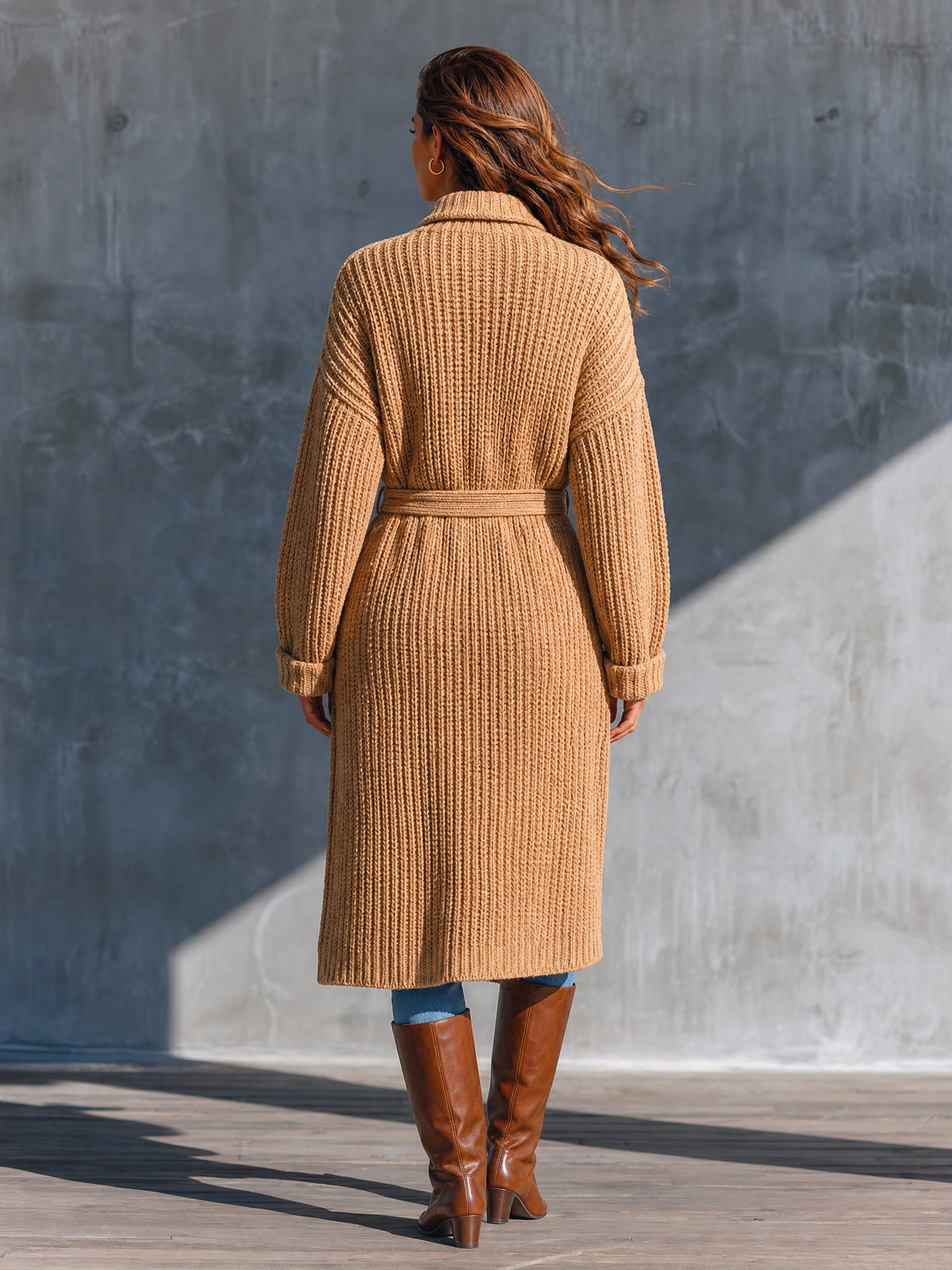 Chic Casual Camel Lapel Collar Single-Breasted Long-Sleeve Belted Loose-Fit Wool Blend Ribbed Knit Cardigan
