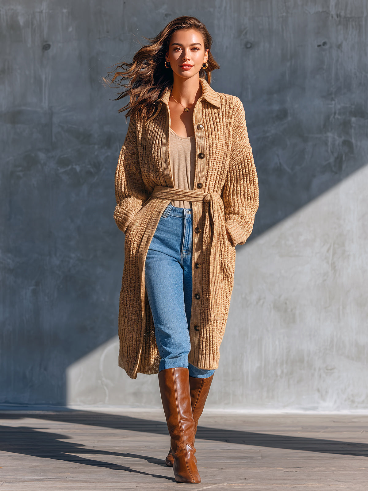 Chic Casual Camel Lapel Collar Single-Breasted Long-Sleeve Belted Loose-Fit Wool Blend Ribbed Knit Cardigan
