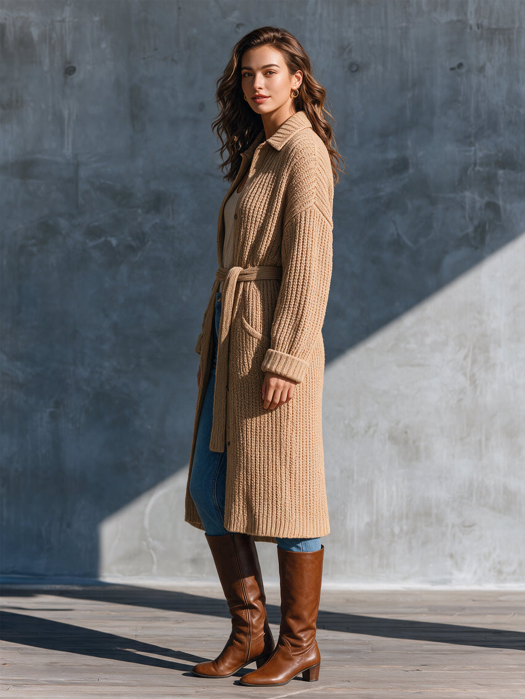 Chic Casual Camel Lapel Collar Single-Breasted Long-Sleeve Belted Loose-Fit Wool Blend Ribbed Knit Cardigan