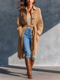 Chic Casual Camel Lapel Collar Single-Breasted Long-Sleeve Belted Loose-Fit Wool Blend Ribbed Knit Cardigan