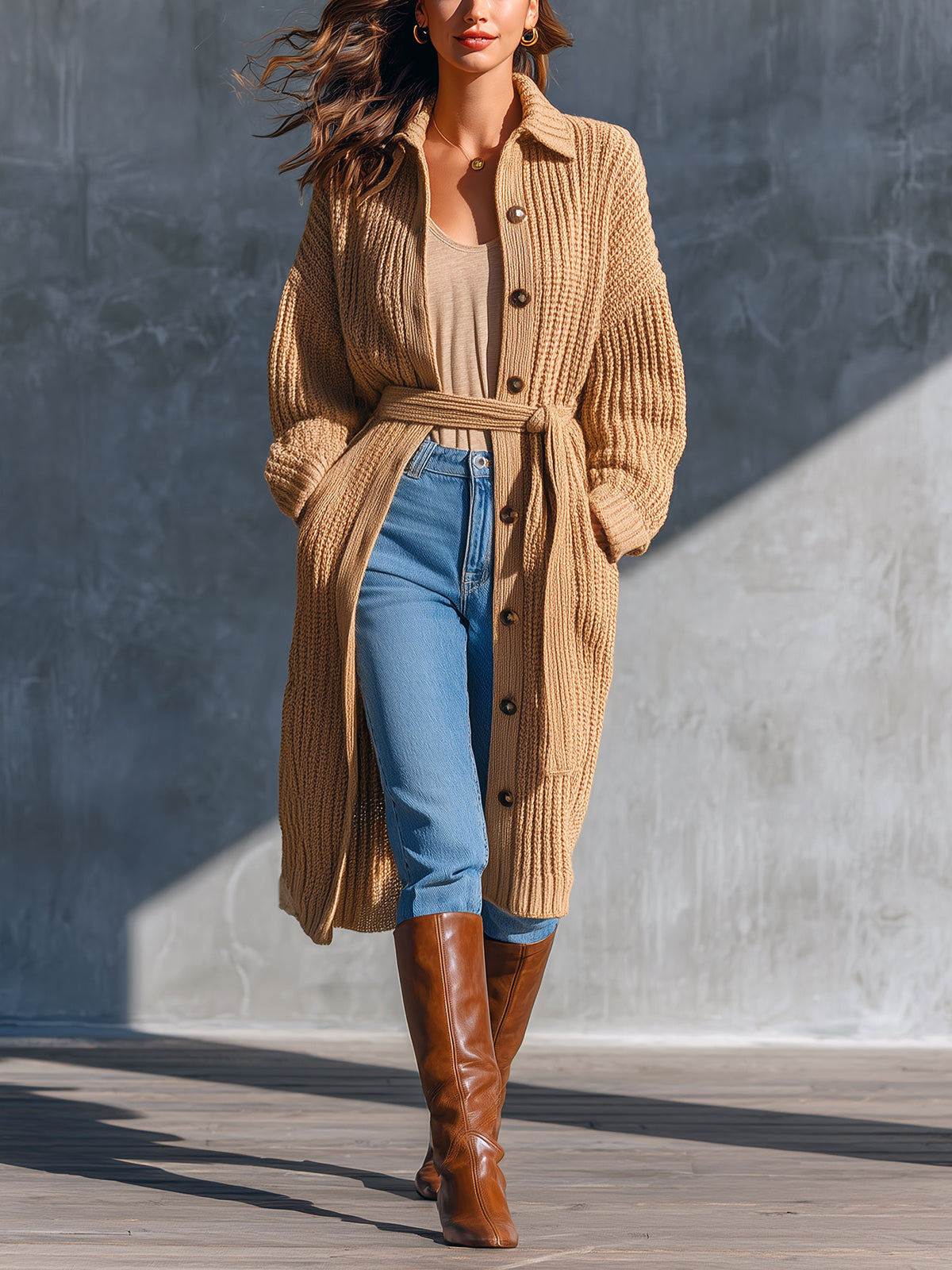Chic Casual Camel Lapel Collar Single-Breasted Long-Sleeve Belted Loose-Fit Wool Blend Ribbed Knit Cardigan