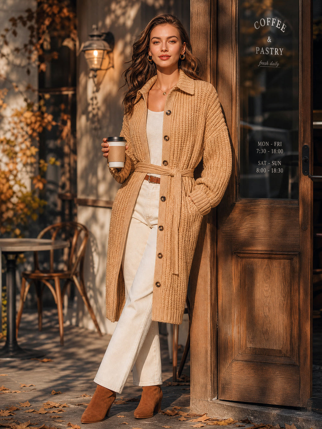Chic Casual Camel Lapel Collar Single-Breasted Long-Sleeve Belted Loose-Fit Wool Blend Ribbed Knit Cardigan