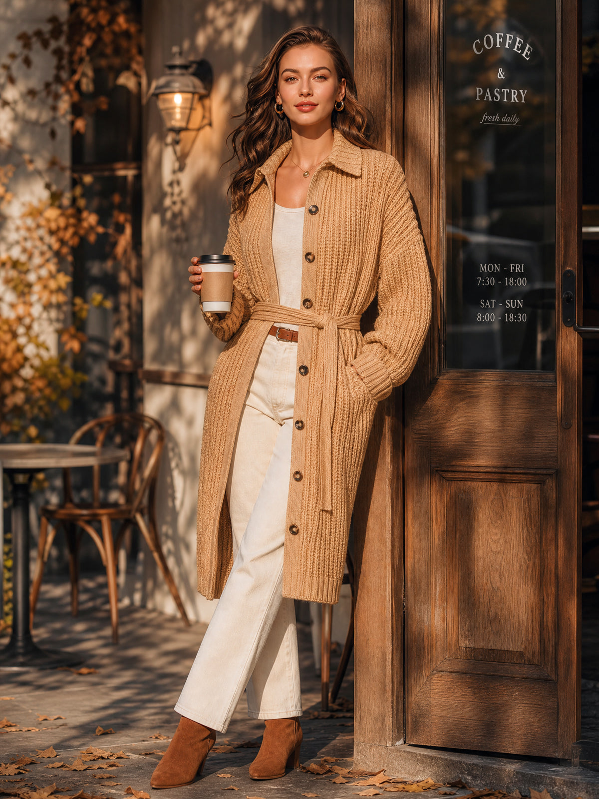 Chic Casual Camel Lapel Collar Single-Breasted Long-Sleeve Belted Loose-Fit Wool Blend Ribbed Knit Cardigan