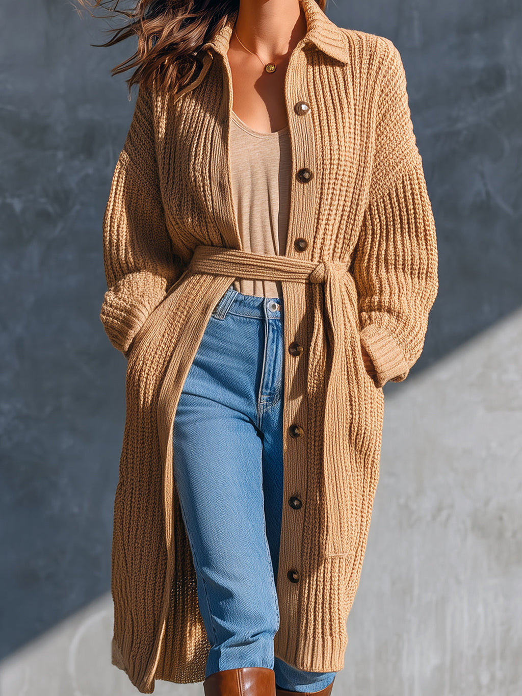 Chic Casual Camel Lapel Collar Single-Breasted Long-Sleeve Belted Loose-Fit Wool Blend Ribbed Knit Cardigan