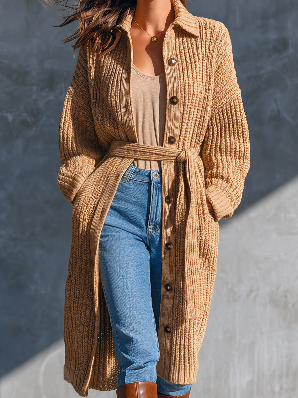 Chic Casual Camel Lapel Collar Single-Breasted Long-Sleeve Belted Loose-Fit Wool Blend Ribbed Knit Cardigan