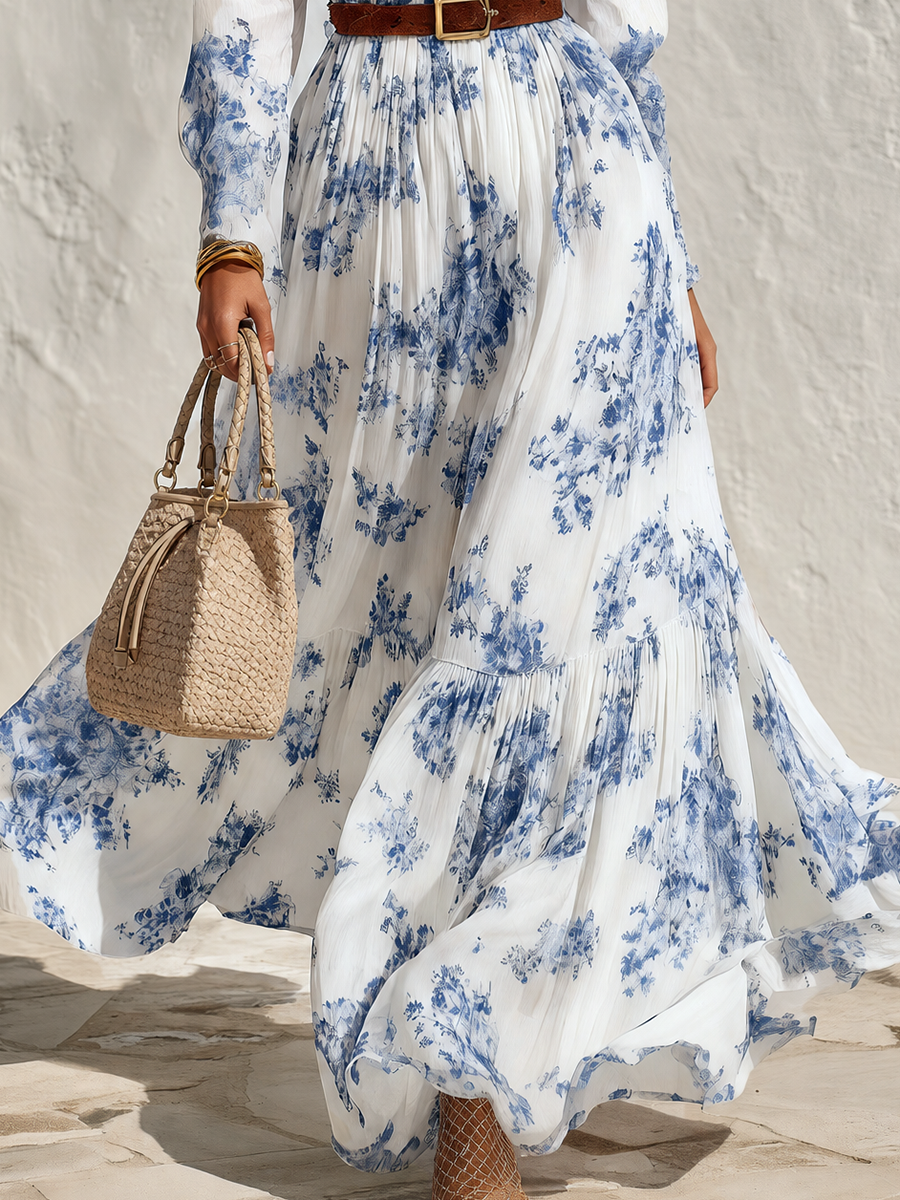 Resort-style High-neck Ruffled Printed Chiffon Maxi Dress