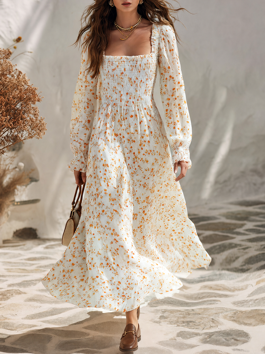 Vacation-style Square-neck Long-sleeved Printed Chiffon Maxi Dress