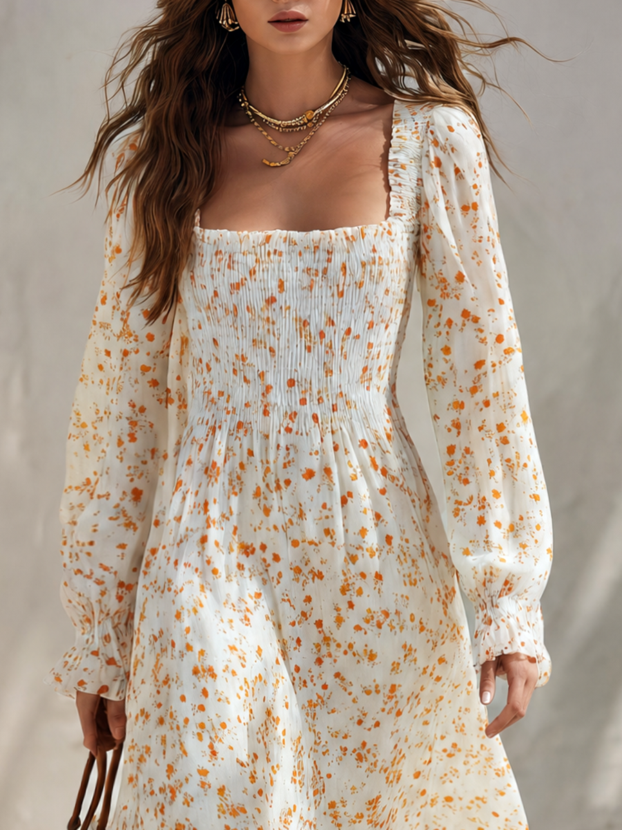 Vacation-style Square-neck Long-sleeved Printed Chiffon Maxi Dress